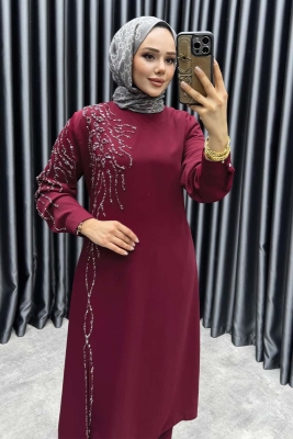 Taş Detaylı İthal Krep İkili Takım 6228 Bordo - NWS (1)