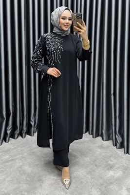 Taş Detaylı İthal Krep İkili Takım 6228 Siyah - NWS (1)