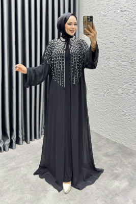 Taş Detaylı Pelerinli Elbise 6634 Siyah - YGS