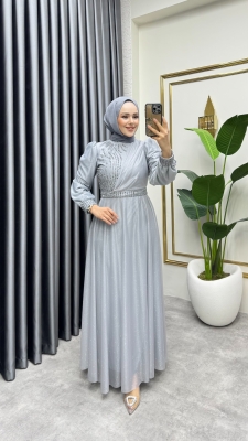 Taş İşlemeli Simli Abiye 6638 Gri - YGS (1)