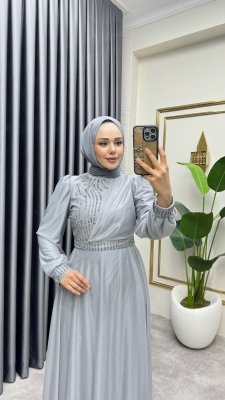 Taş İşlemeli Simli Abiye 6638 Gri - YGS