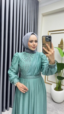 Taş İşlemeli Simli Abiye 6638 Mint - YGS