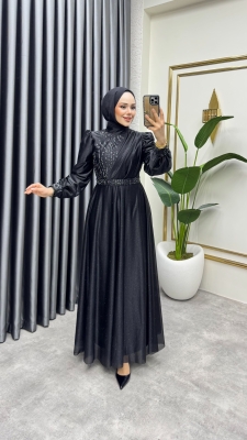 Taş İşlemeli Simli Abiye 6638 Siyah - YGS (1)