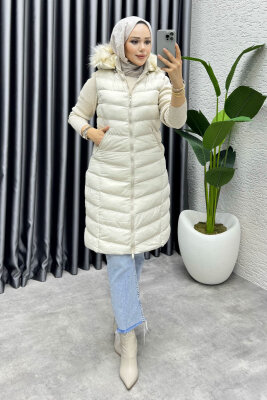 Kapşonu Kürklü Şişme Yelek 3876 Taş - YGS