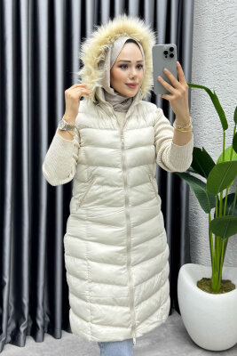 Kapşonu Kürklü Şişme Yelek 3876 Taş - YGS (1)